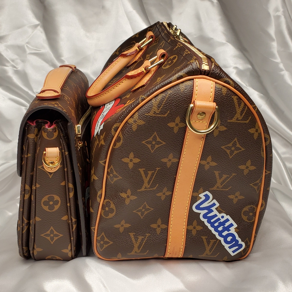Louis Vuitton Brown and Red Satchel with Monogram and Patches - Picture 3 of 7